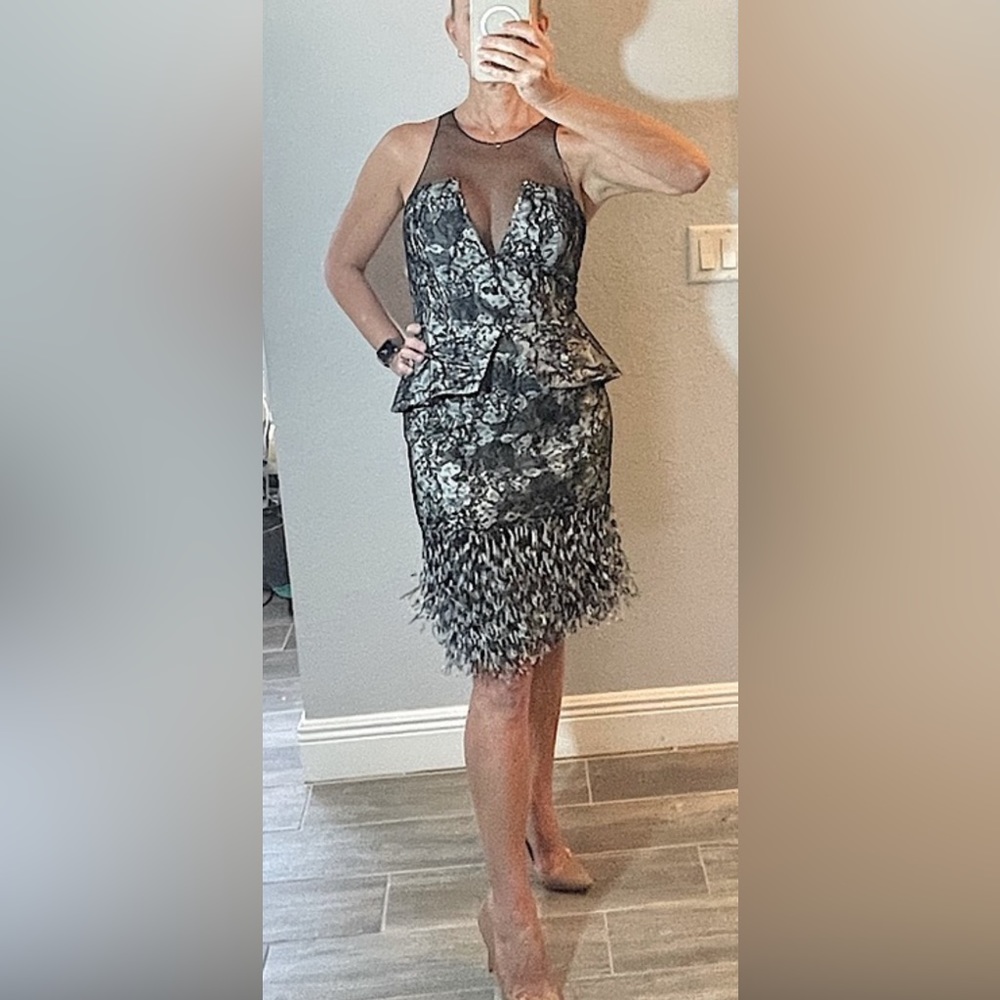 Sachin & Babi NOIR black, white, lace, illusion, peplum, feather dress - Size 4